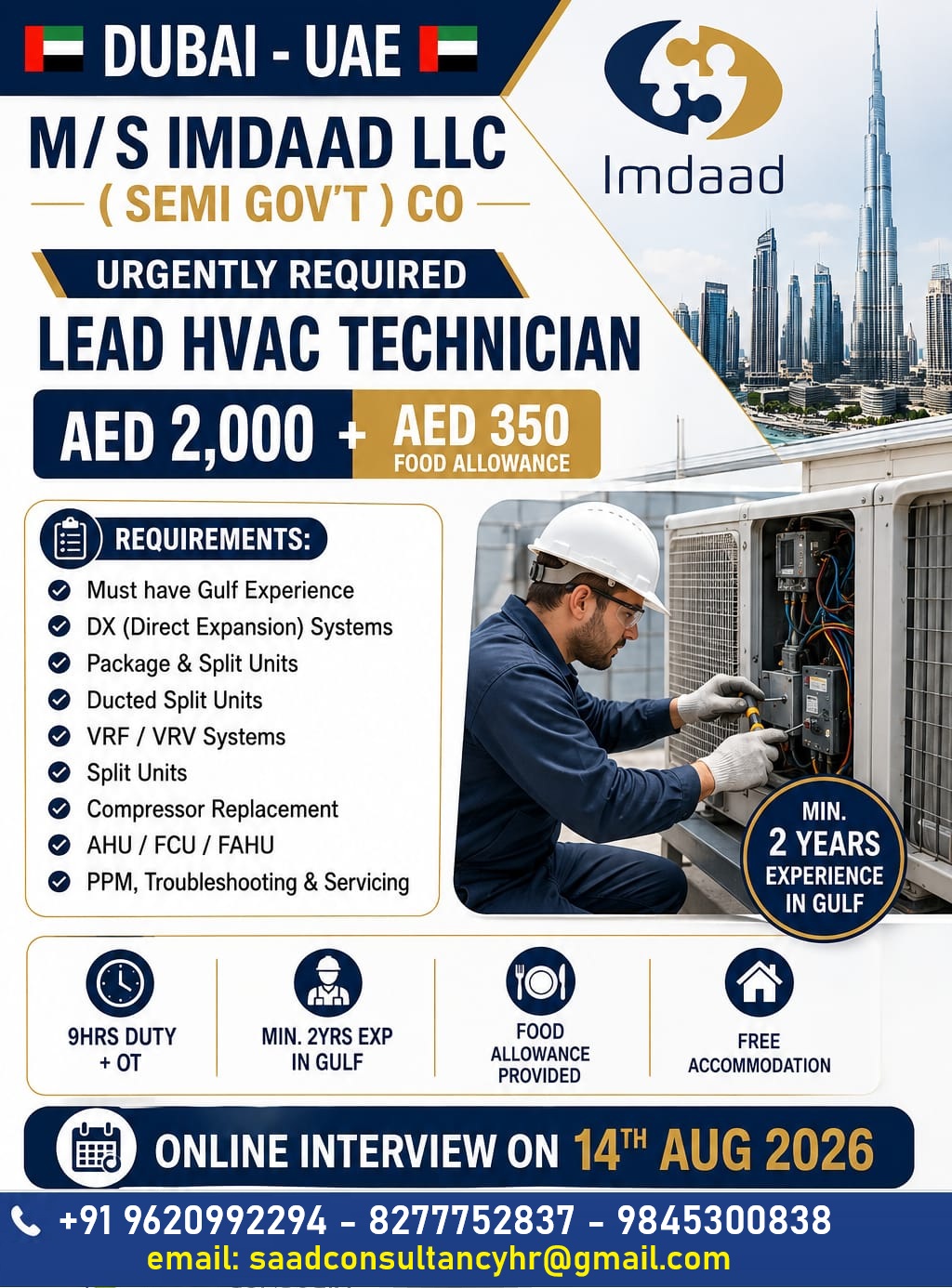 HIRING FOR HVAC TECHNICIAN IN UAE